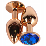 Золотистая анальная пробка с синим кристаллом - 6,8 см. (Цвет: синий)