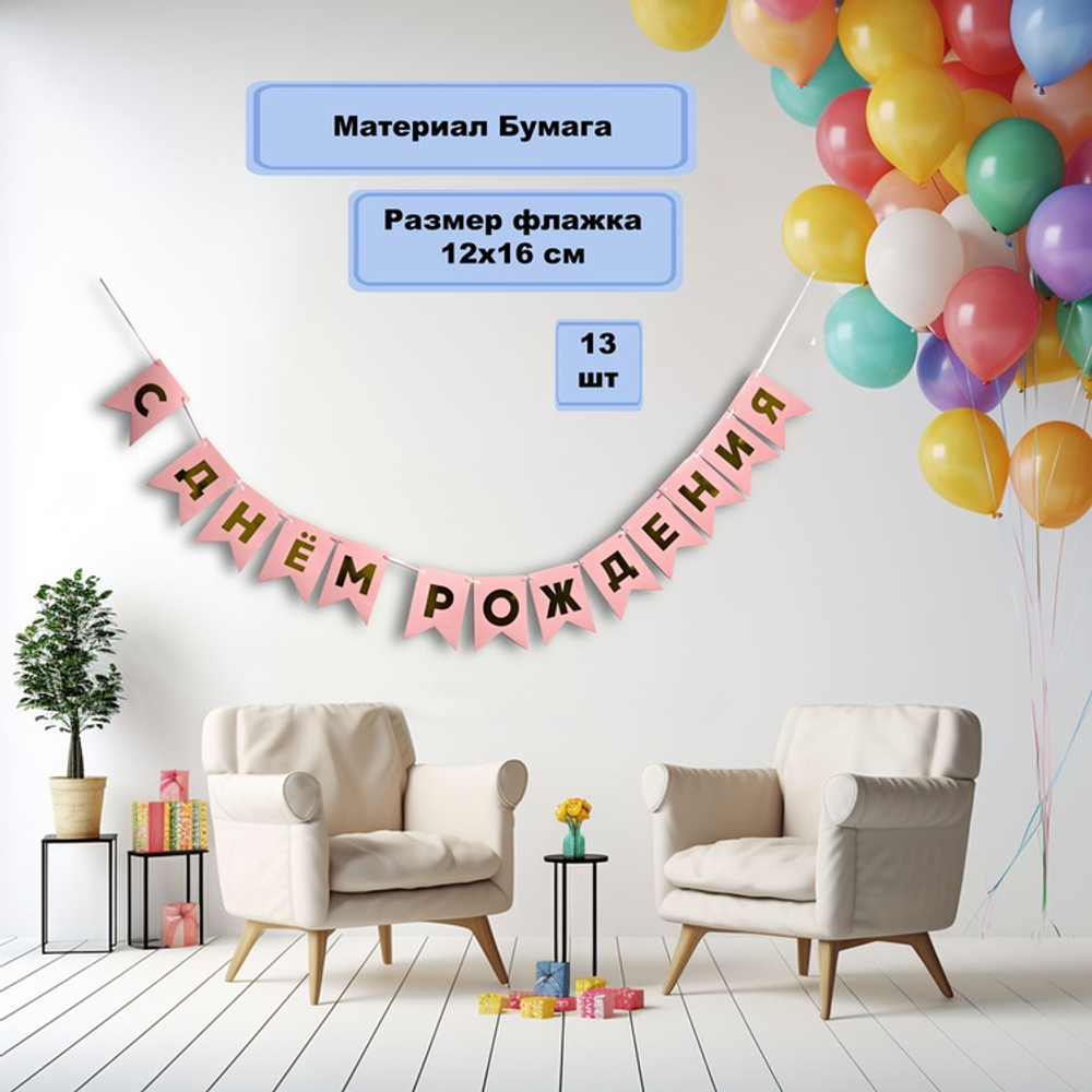 Гирлянда-флажки С ДР розов/золот 500см