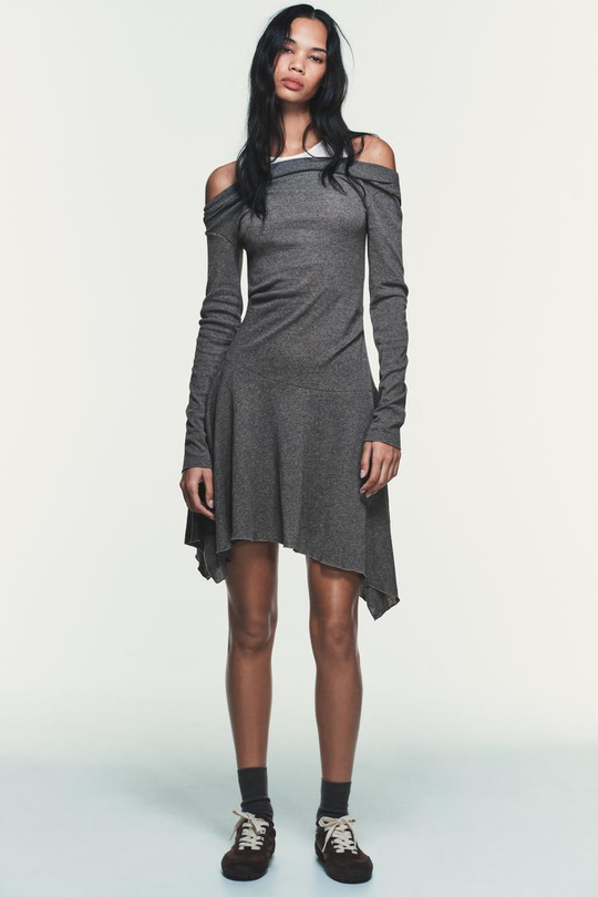 ZARA КОРОТКОЕ ПЛАТЬЕ АСИММЕТРИЧНОГО КРОЯ, СЕРЫЙ МЕЛАНЖ