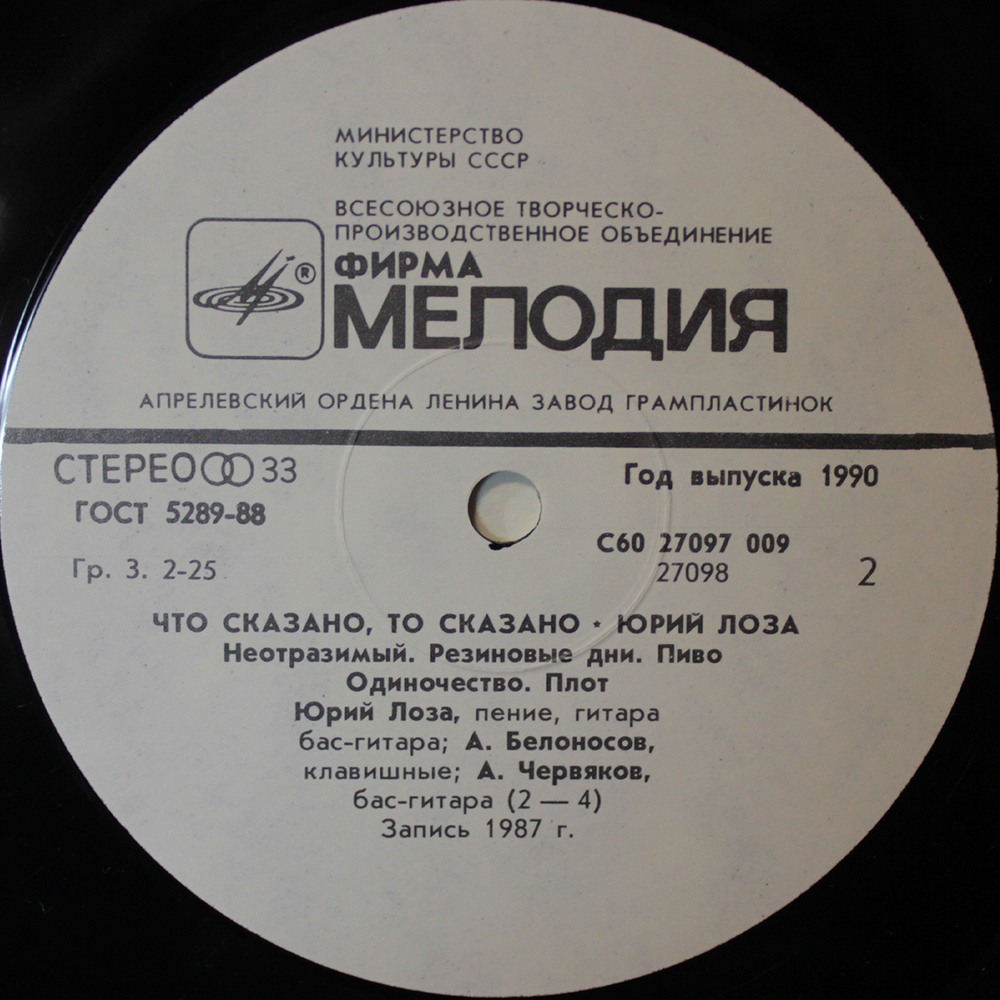 Юрий Лоза / Что Сказано, То Сказано (LP)
