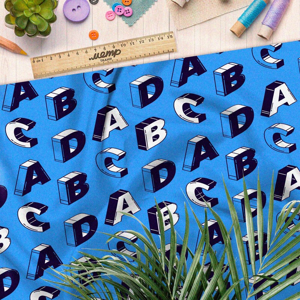 Ткань флис объёмные буквы на синем фоне