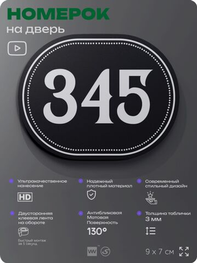 Номерок на дверь квартиры 345, для кабинета, офиса, шильдик 9 х 7 см, черный, Айдентика Технолоджи