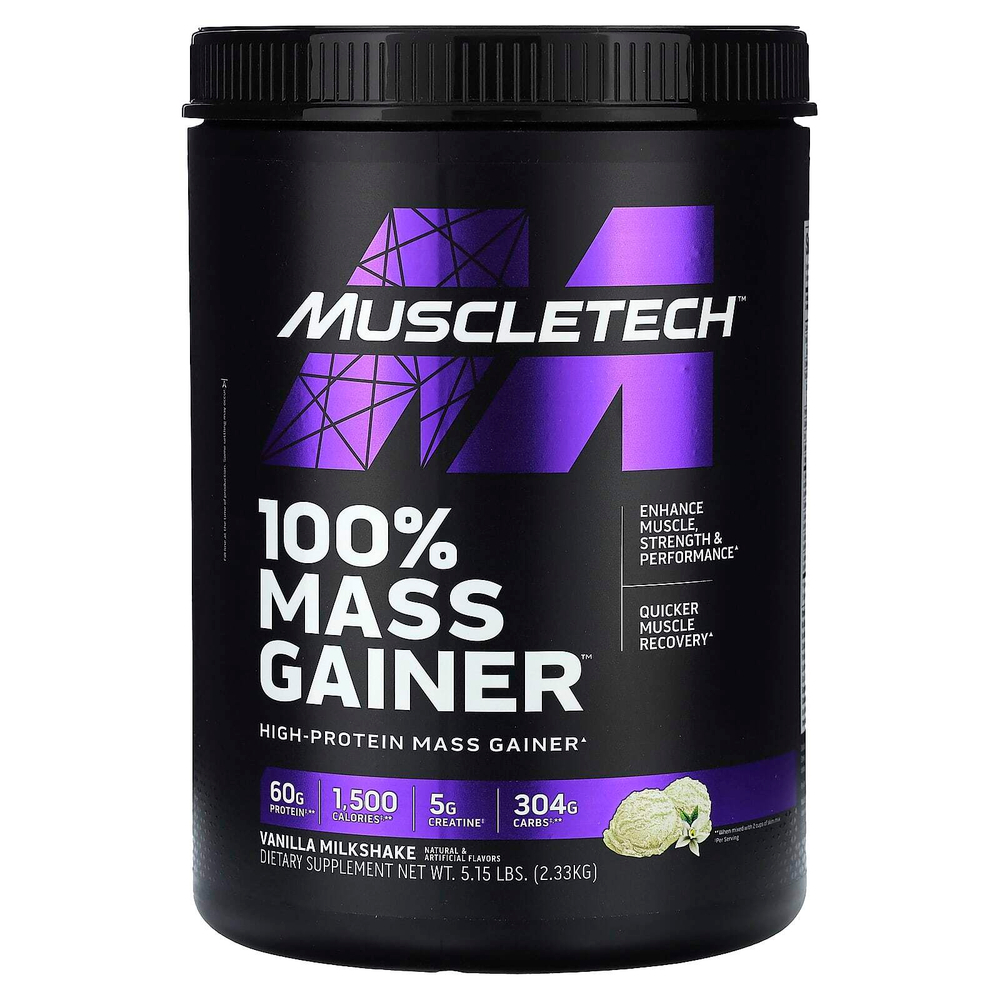 MuscleTech, 100% Mass Gainer, ванильный молочный коктейль, 2,33 кг (5,15 фунта)