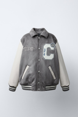 ZARA КОМБИНИРОВАННЫЙ БОМБЕР ИЗ ИСКУССТВЕННОЙ ЗАМШИ, СЕРЫЙ