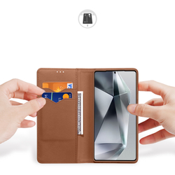 Чехол книжка из натуральной кожи коричневого цвета с защитой RFID от Dux Ducis для Samsung Galaxy S25 Ultra, серия Hivo Series Case