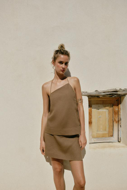 ZARA ЮБКА-ШОРТЫ ИЗ ЛЬНА С БУСИНАМИ, ТАБАЧНЫЙ