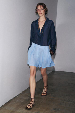 ZARA ЛЬНЯНЫЕ ШОРТЫ — ZW COLLECTION, ГОЛУБОЙ