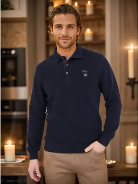 Поло мужское из бархатного хлопка с длинным рукавом