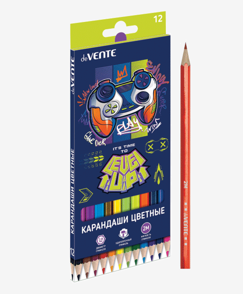 Карандаши цветные 12 цветов, 2М, шестигранные &quot;Level Up Game&quot; (deVENTE)