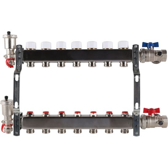 Коллектор Rommer 1"x3/4" на 7 контуров с запорными клапанами в сборе (нерж. сталь) RMS-3210-000007