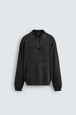 ZARA ТРИКОТАЖНОЕ ПОЛО С ЭФФЕКТОМ ПОТЕРТОСТИ, ЧЕРНЫЙ