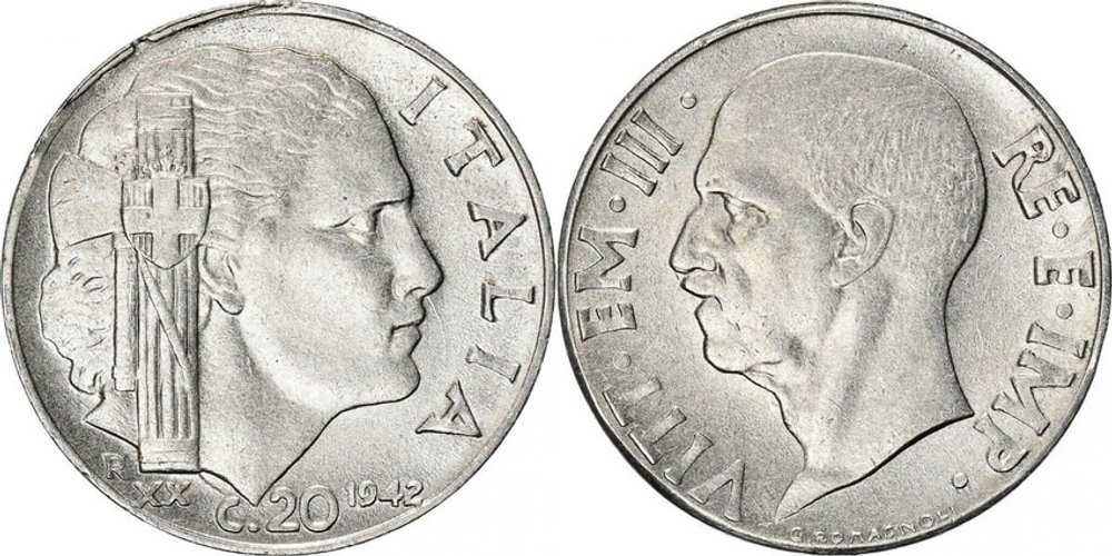 Италия 20 чентезимо, 1939-1943 Король Виктор Эммануил III 75b XF