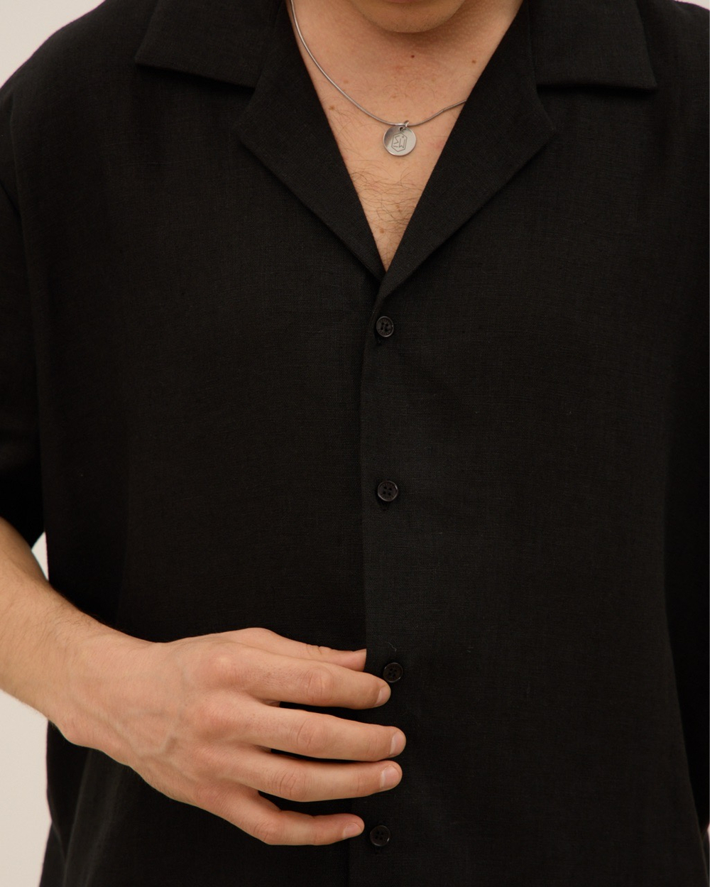 Рубашка мужская, с коротким рукавом, из 100% льна, черная