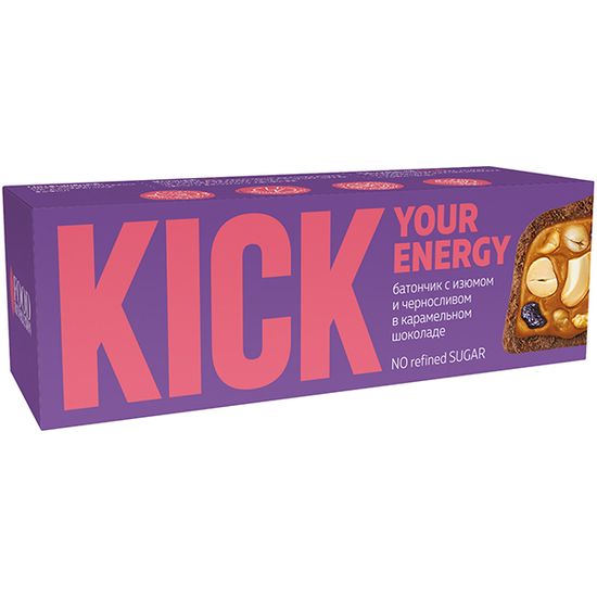 Арахисовый батончик с изюмом и черносливом в карамельном шоколаде KICK 45 г/10 шт