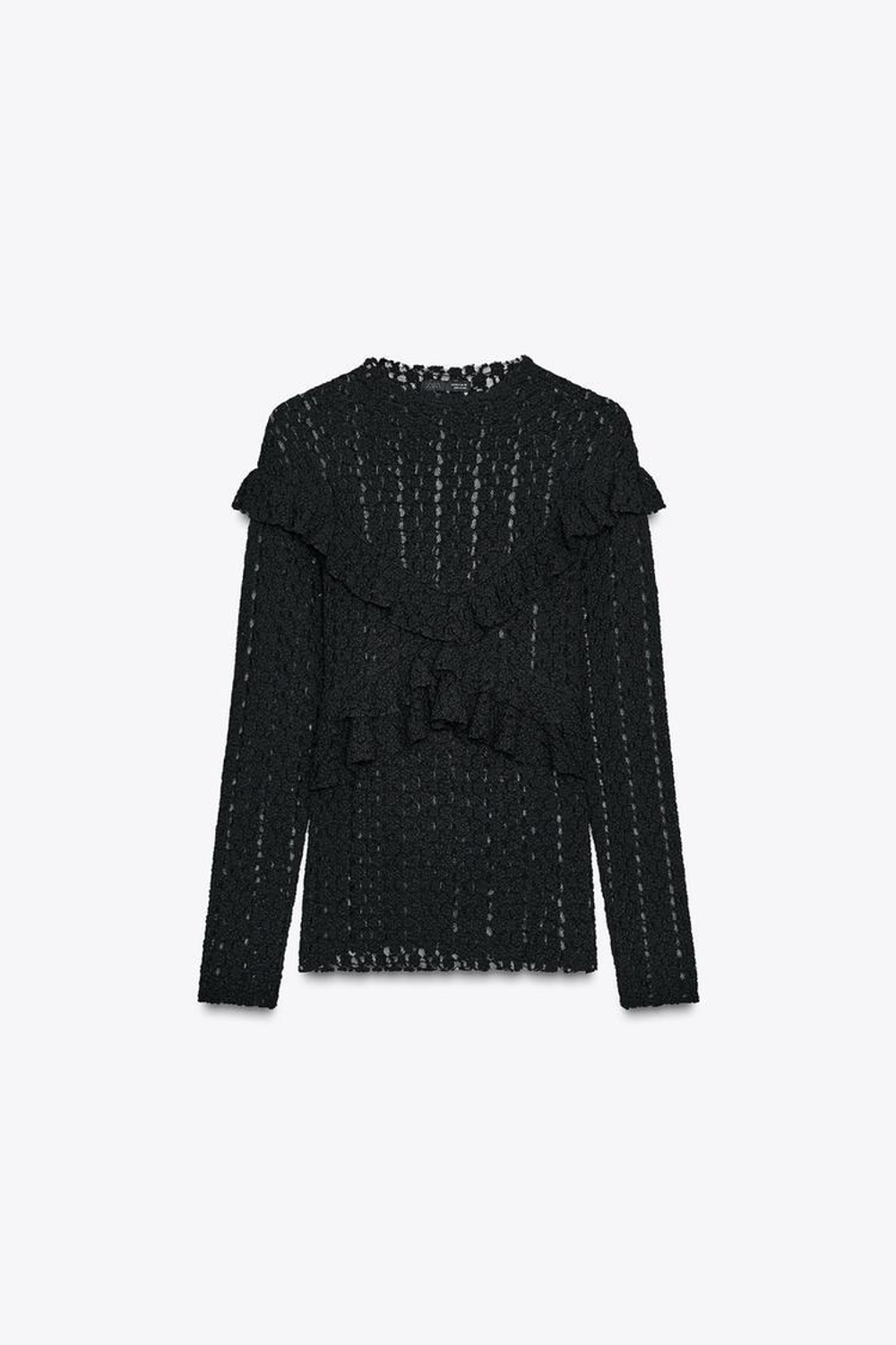 ZARA КРУЖЕВНОЙ ТОП С ВОЛАНАМИ, ЧЕРНЫЙ