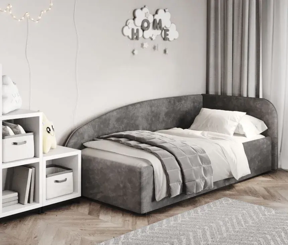 Кровать Элис 90х200 Темно-Серый Велюр Правый Угол