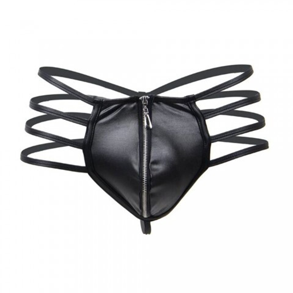 Кожаные мужские стринги Ohyeah Zipper Black, на молнии со стрепами, XL