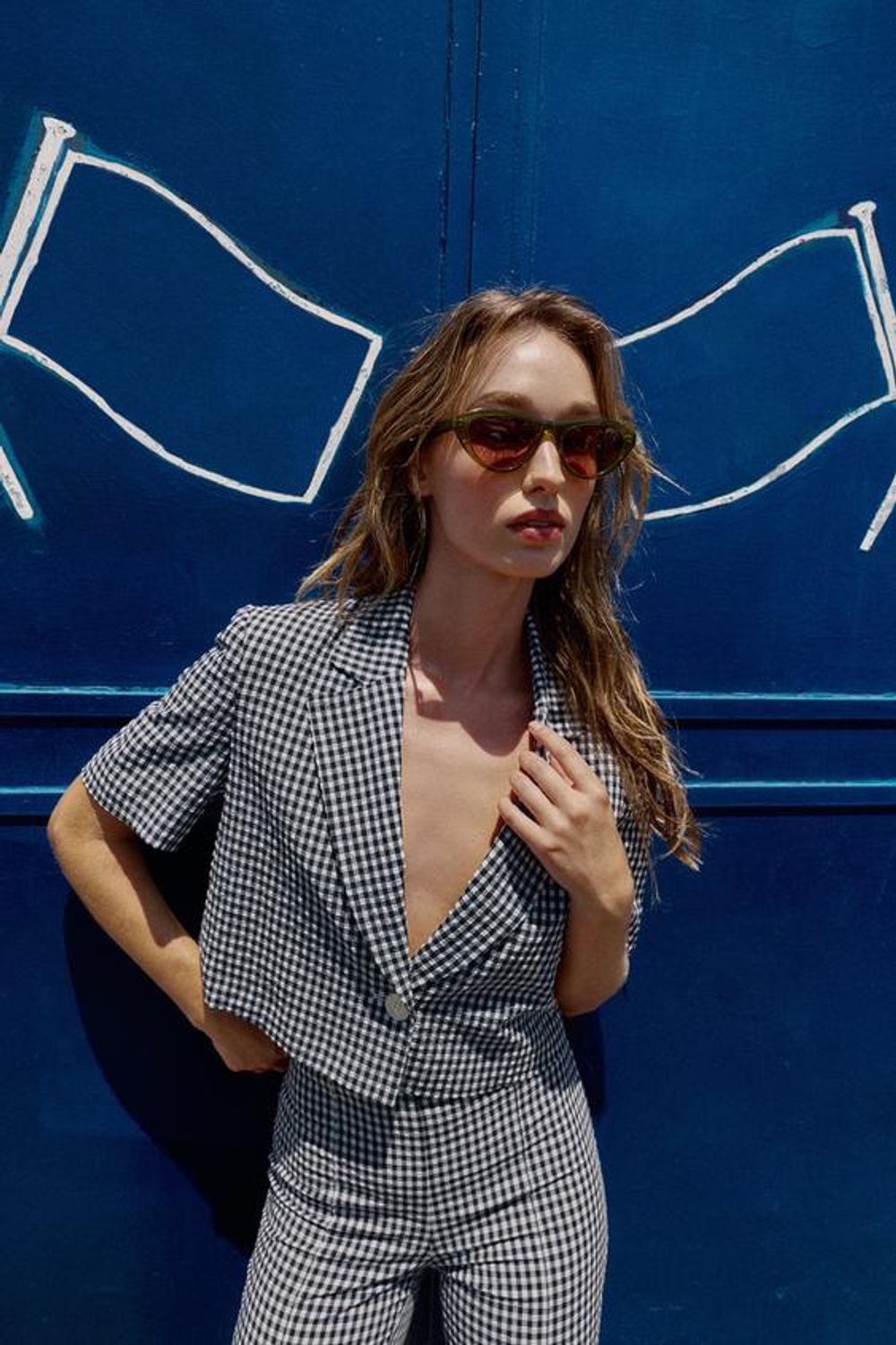 ZARA КОРОТКИЙ БЛЕЙЗЕР В КЛЕТКУ ВИШИ, ТЕМНО-СИНИЙ/БЕЛЫЙ