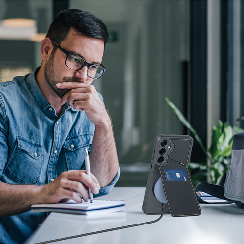 Чехол с поддержкой MagSafe и подставкой-картхолдером от Dux Ducis для Samsung Galaxy S25, серия Rafi II Mag Series