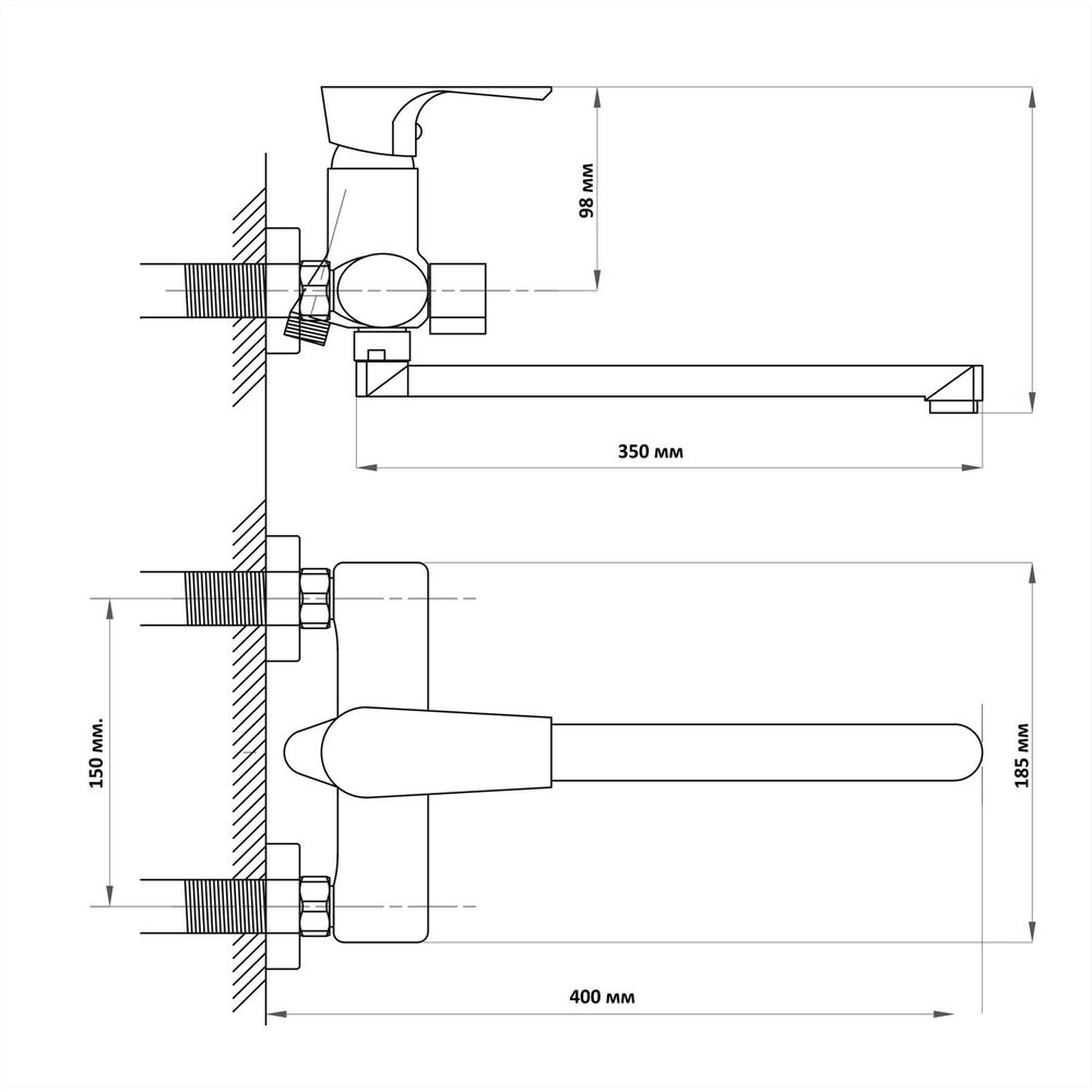 Смеситель для ванны и раковины 35к ПРОФСАН ПСМ-400-2 "400" , эксцентрики "ЕВРО", ХРОМ