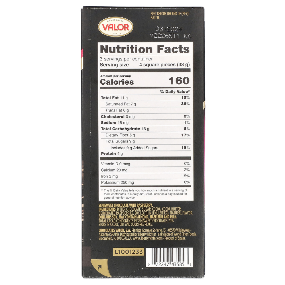 Valor, Темный шоколад, 70% какао с малиной, 3,5 унции (100 г)
