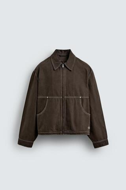 ZARA КУРТКА С ЭФФЕКТОМ ПОТЕРТОСТИ И КОНТРАСТНОЙ ОТСТРОЧКОЙ, КОРИЧНЕВЫЙ