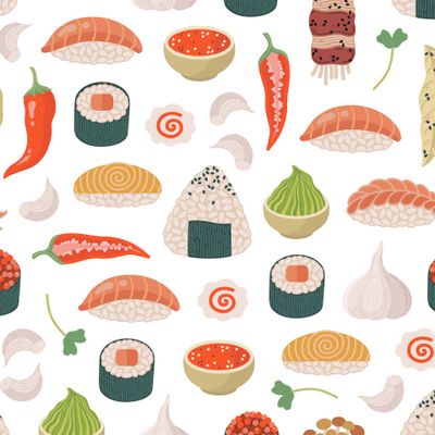 Японская еда: онигири, суши, роллы, морепродукты, васаби