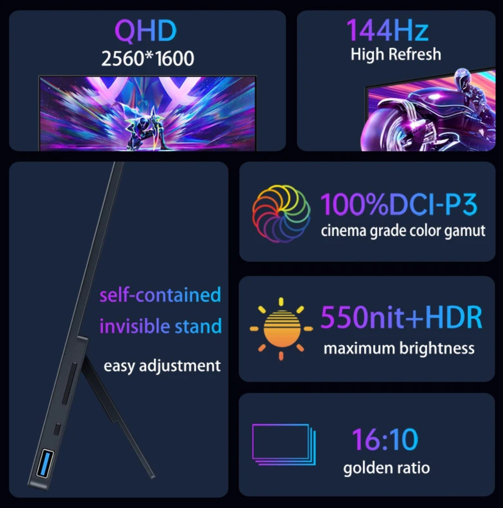 16" Портативный сенсорный монитор VCHANCE 2.5K IPS 2560x1600, 144 Гц