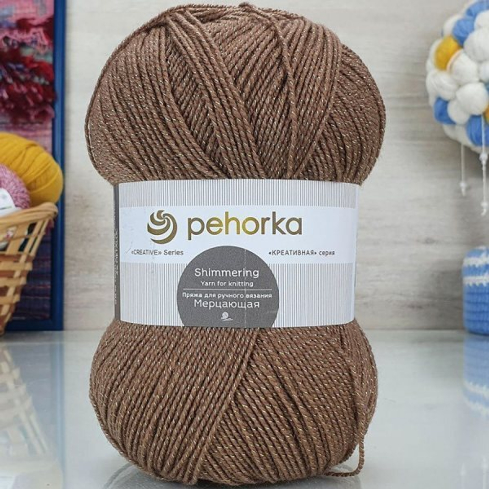 Мерцающая пряжа Пехорка 96%акрил 4%метанит 5х100г/430м 377 кофейный