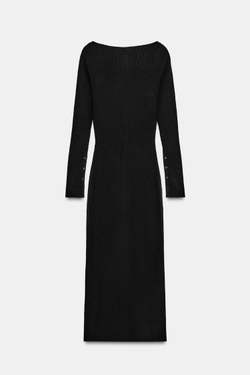 ZARA ТРИКОТАЖНОЕ ПЛАТЬЕ МИДИ В РУБЧИК, ЧЕРНЫЙ
