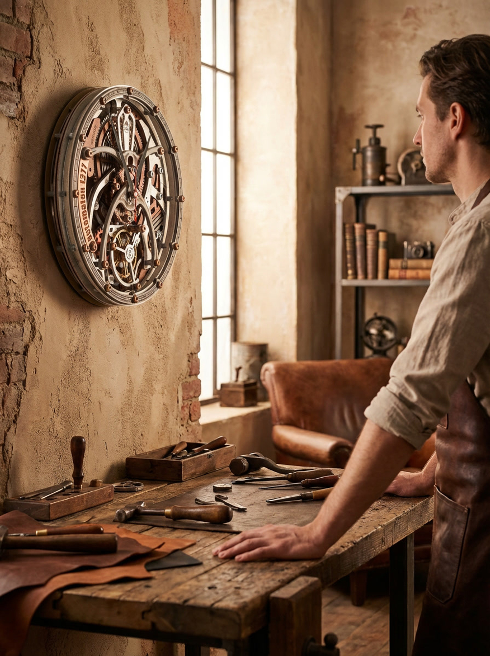Настенные часы WOODandROOT Automaton 1277 Tourbillon на фоне мастерской, где мастер работает за столом у окна в тёплом интерьере.