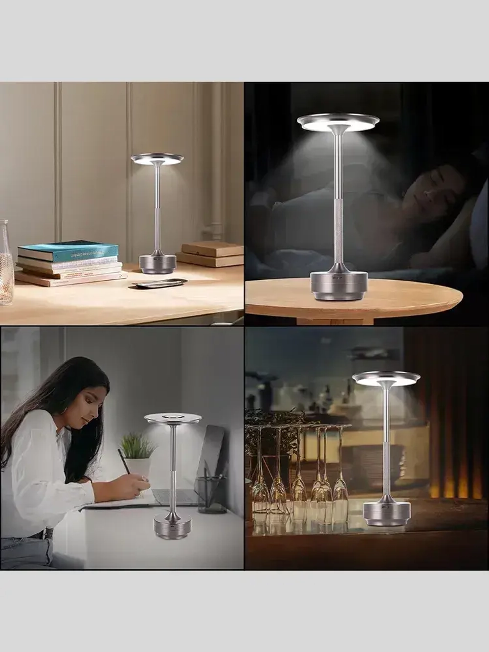 MONOBIN Лампа настольная ночник беспроводная сенсорная, Трехцветное затемнениедля ресторана, отеля, бара, кафе и спальниСеребро.