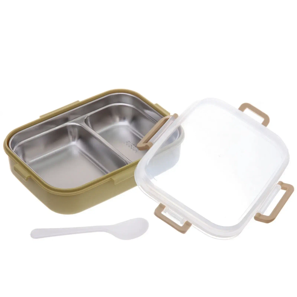 Ланч-бокс пластиковый «SEGRETO» (2отделения с ложкой) 20*15*7см оливковый