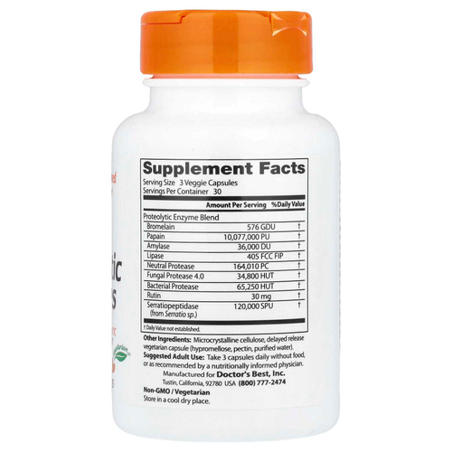 Doctor's Best, протеолитические ферменты, 90 растительных капсул с отсроченным высвобождением