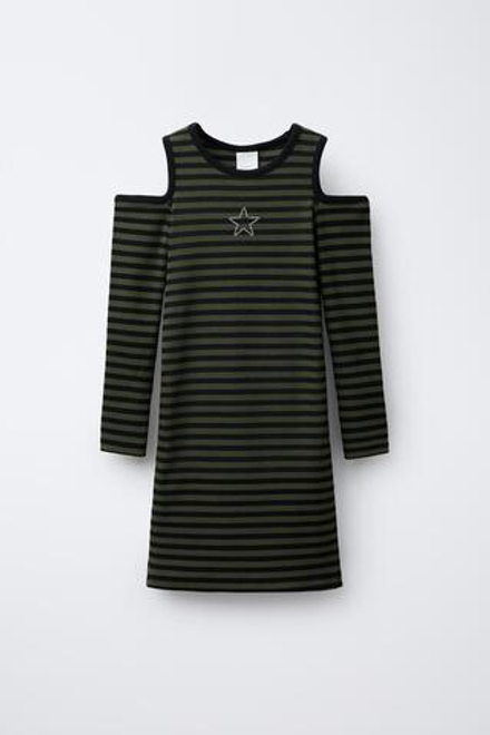 ZARA ПЛАТЬЕ В РУБЧИК В ПОЛОСКУ С ВЫРЕЗАМИ, ЧЕРНЫЙ/ЗЕЛЕНЫЙ