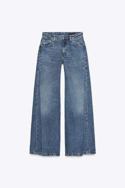 ZARA ДЖИНСЫ FLARE С НИЗКОЙ ПОСАДКОЙ И СКЛАДКАМИ — ZW COLLECTION, СИНИЙ