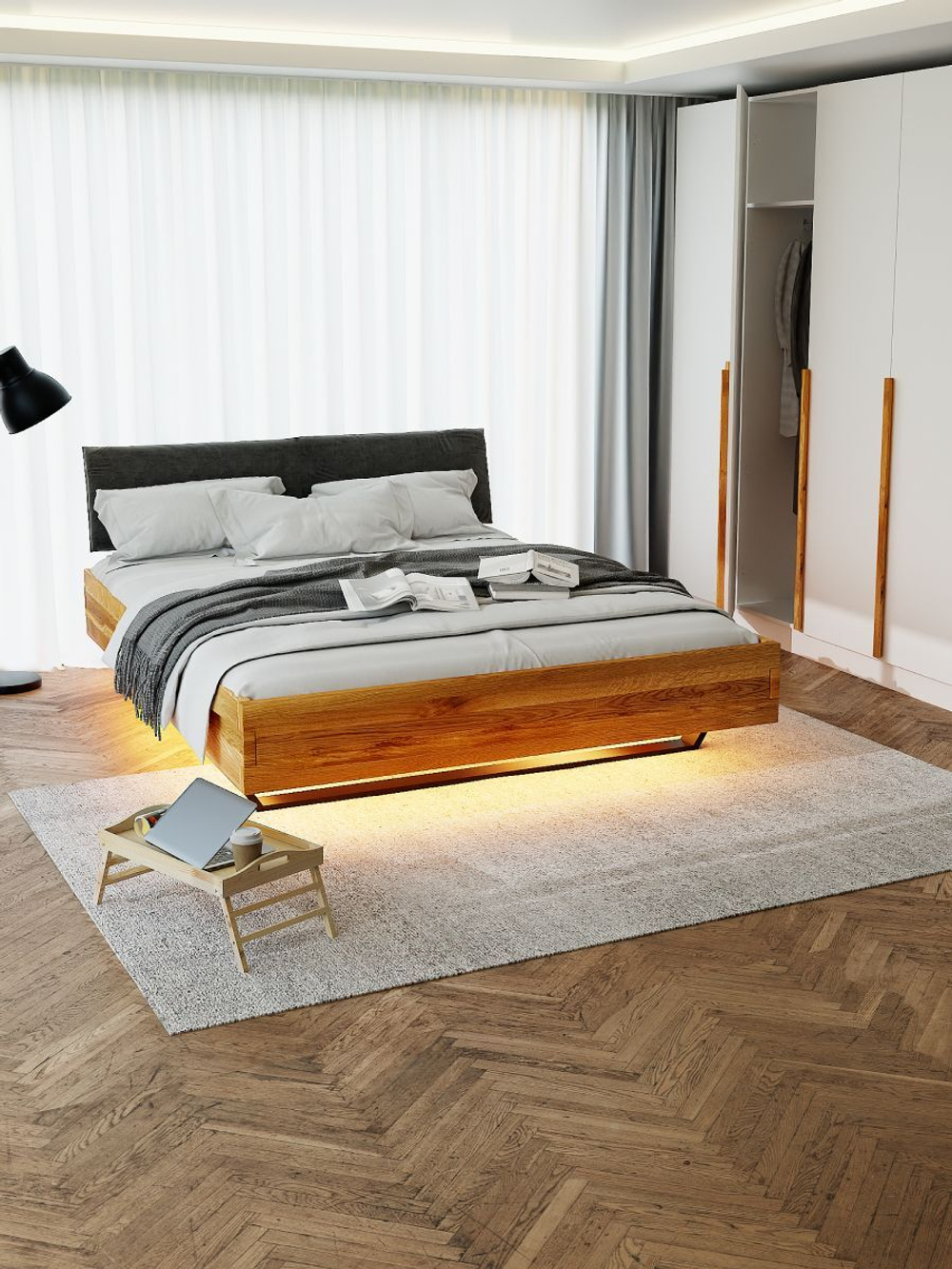 Кровать 160х200 см Беллиссима, из натурального дуба с мягким изголовьем