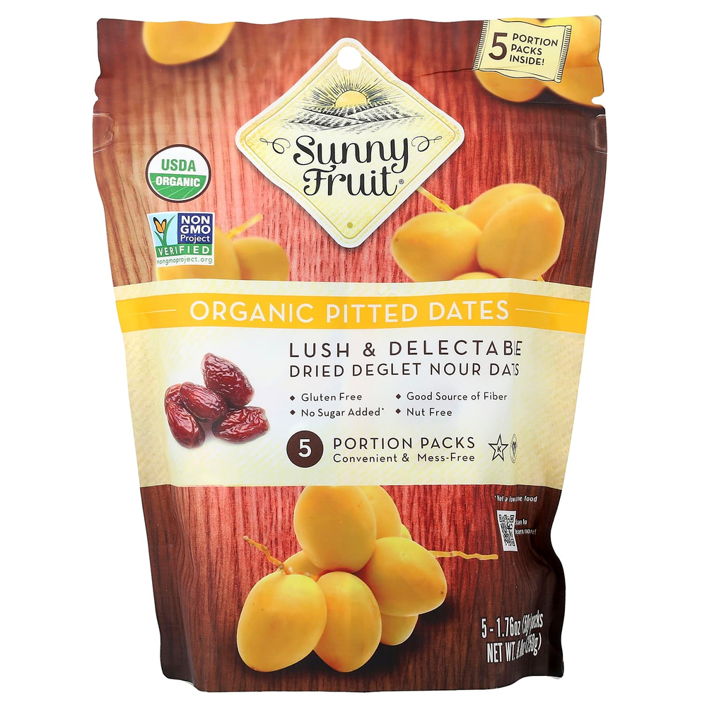 Sunny Fruit, органические финики без косточек, 5 порционных пакетиков по 50 г (1,76 унции)