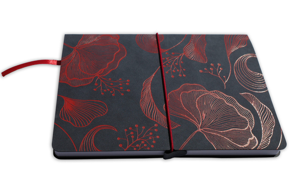 НОВИНКА! Блокнот "Ginkgo" в клетку А5 128 листов, гибкая обложка из бархатистой экокожи нубук  (цвет темно-серый) с тиснением рисунка красной матовой фольгой
