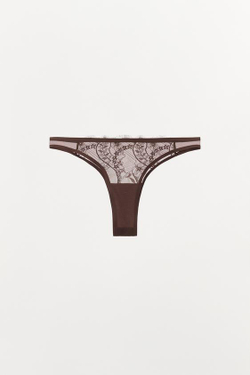 ZARA КРУЖЕВНЫЕ ТРУСЫ С ЦВЕТОЧНОЙ ВЫШИВКОЙ, КОРИЧНЕВЫЙ