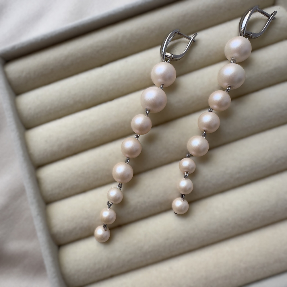 Длинные серьги-дорожки «Персиковый градиент» - жемчуг майорка