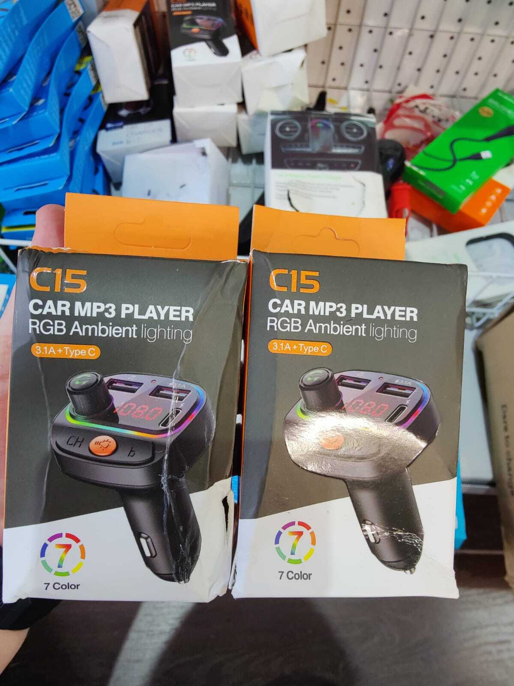 Мят. упак. Автомобильный FM-трансмиттер C15 Bluetooth (черный) LED