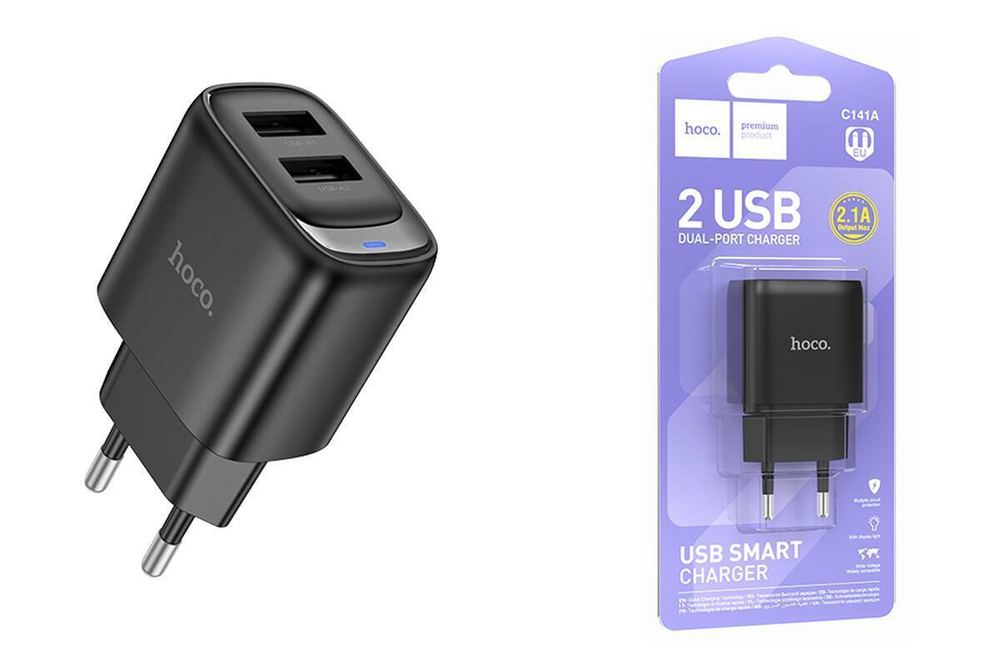 Сетевая зарядка 2-USB 2.4А Hoco C141A Чёрный