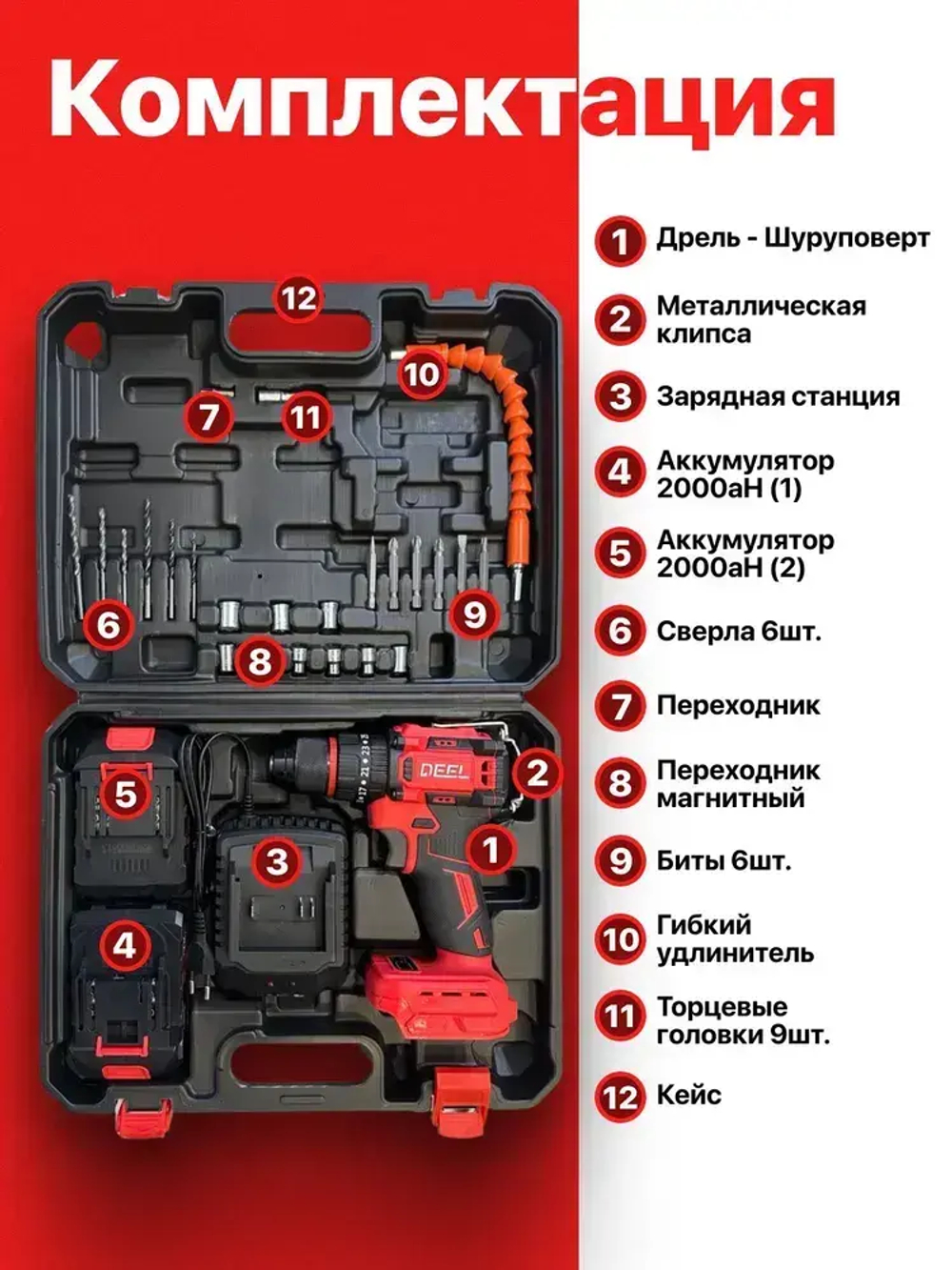 Шуруповерт аккумуляторный бесщеточный ударный дрель DEFL 21В, в кейсе, 2 АКБ 2 а/ч, многофункциональный 60 H/M для сверления, долбления, закручивания, шуруповерт для метала, красный