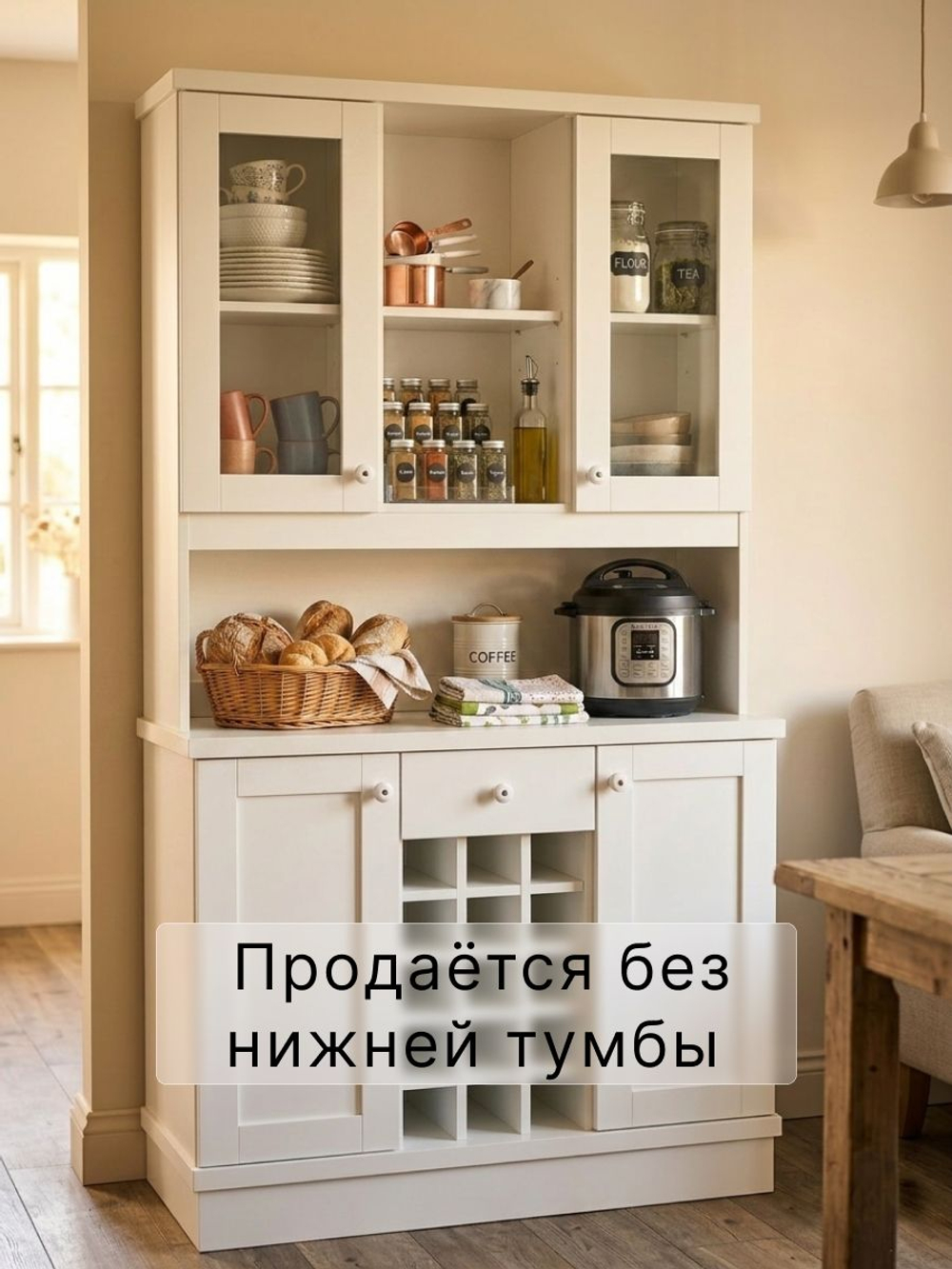 Шкаф витрина 95х42х81, Элина, стеклянная, навесная (верхняя часть буфета), ЛДСП, белый, Dipriz