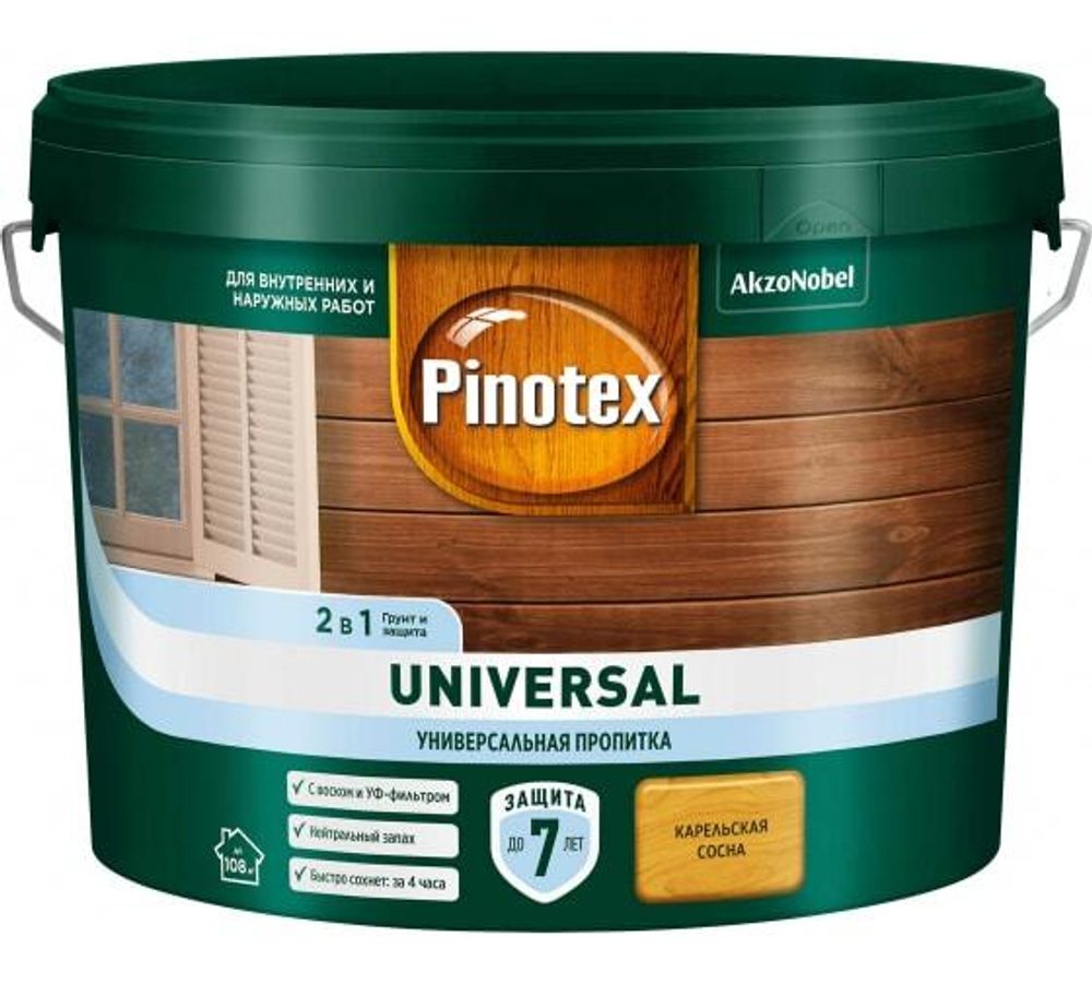 Пропитка защитная для дерева Pinotex Universal 2 в 1 карельская сосна 9 л