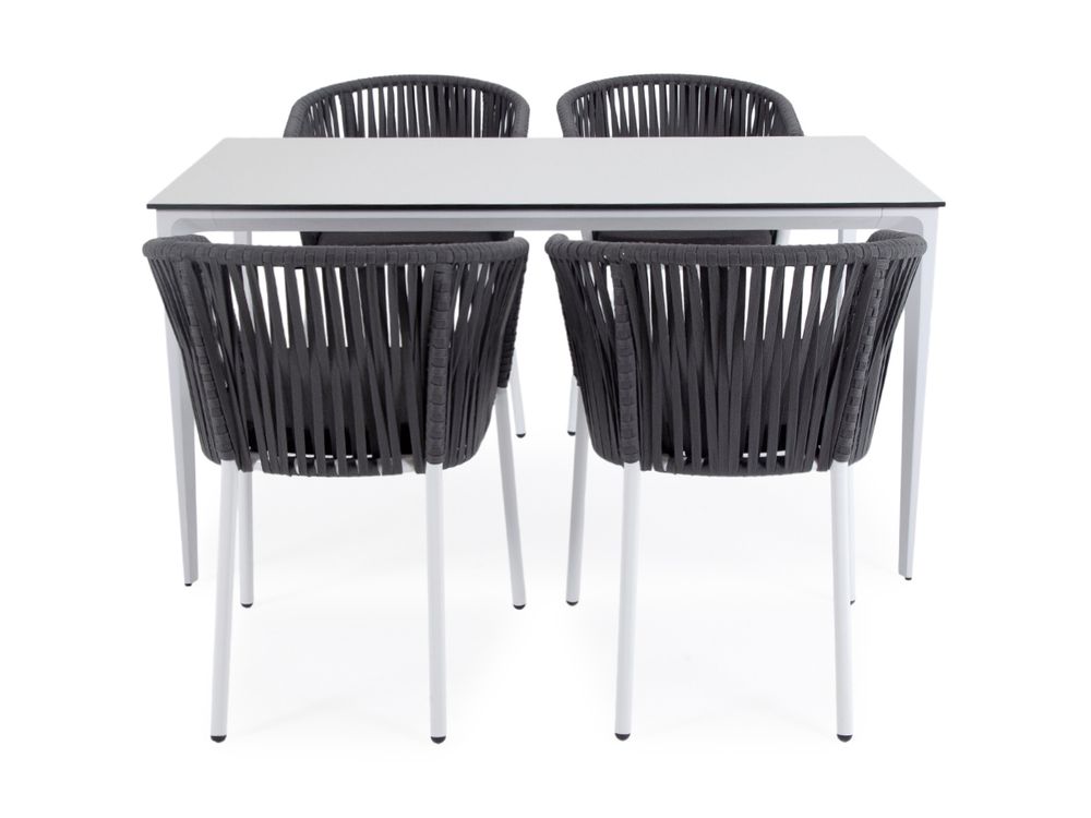 "Малага" обеденная группа на 4 персоны со стульями "Бордо", каркас белый, роуп серый