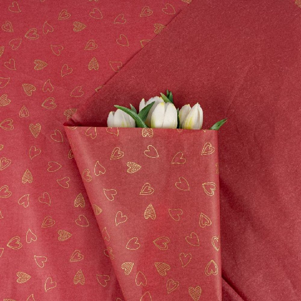 Бумага тишью "Разные сердца" 49*69см Золотые на бордо (20л)
