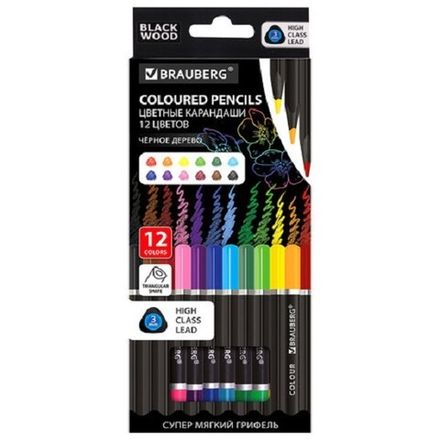 Карандаши цветные трехгранные 12цв. Brauberg Black wood, черное дерево