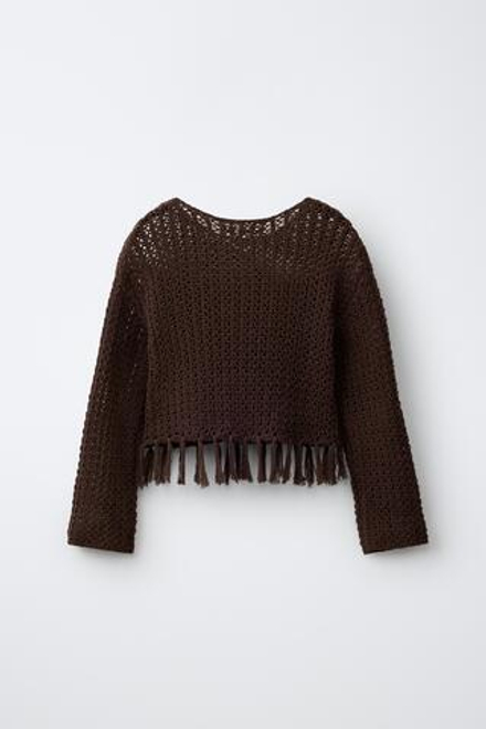 ZARA ТРИКОТАЖНЫЙ СВИТЕР С БАХРОМОЙ, КОРИЧНЕВЫЙ